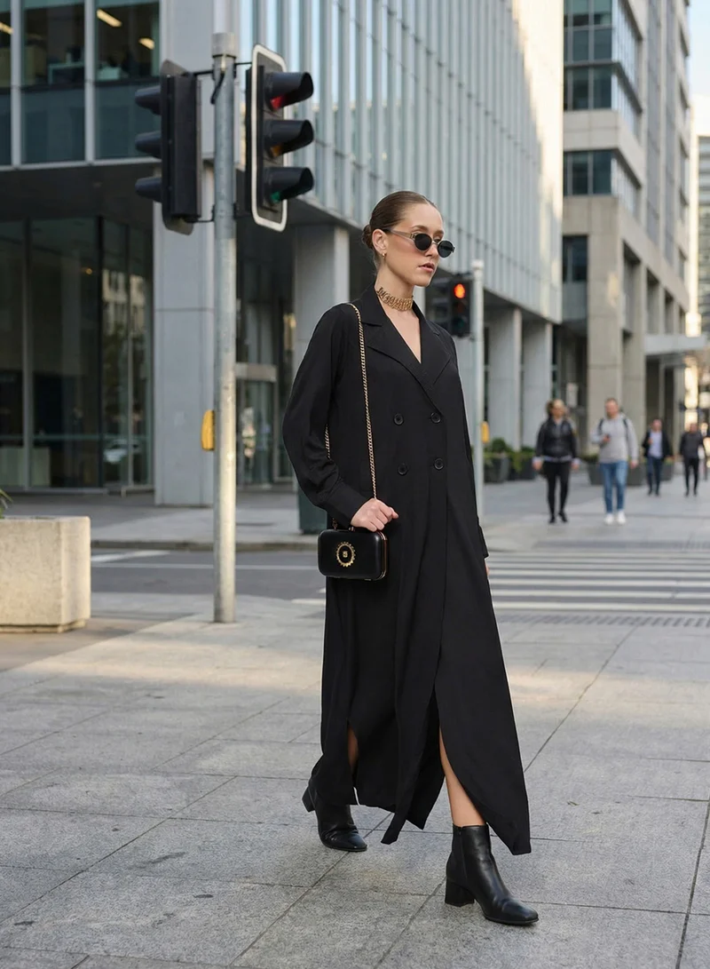 ISHIN Black Lapel Collar Workwear Abaya